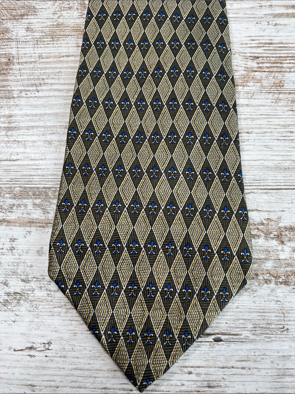 Vintage 90s Geoffrey Beene Silk Tie Olive Gold Blue Diamond Pattern USA Wide